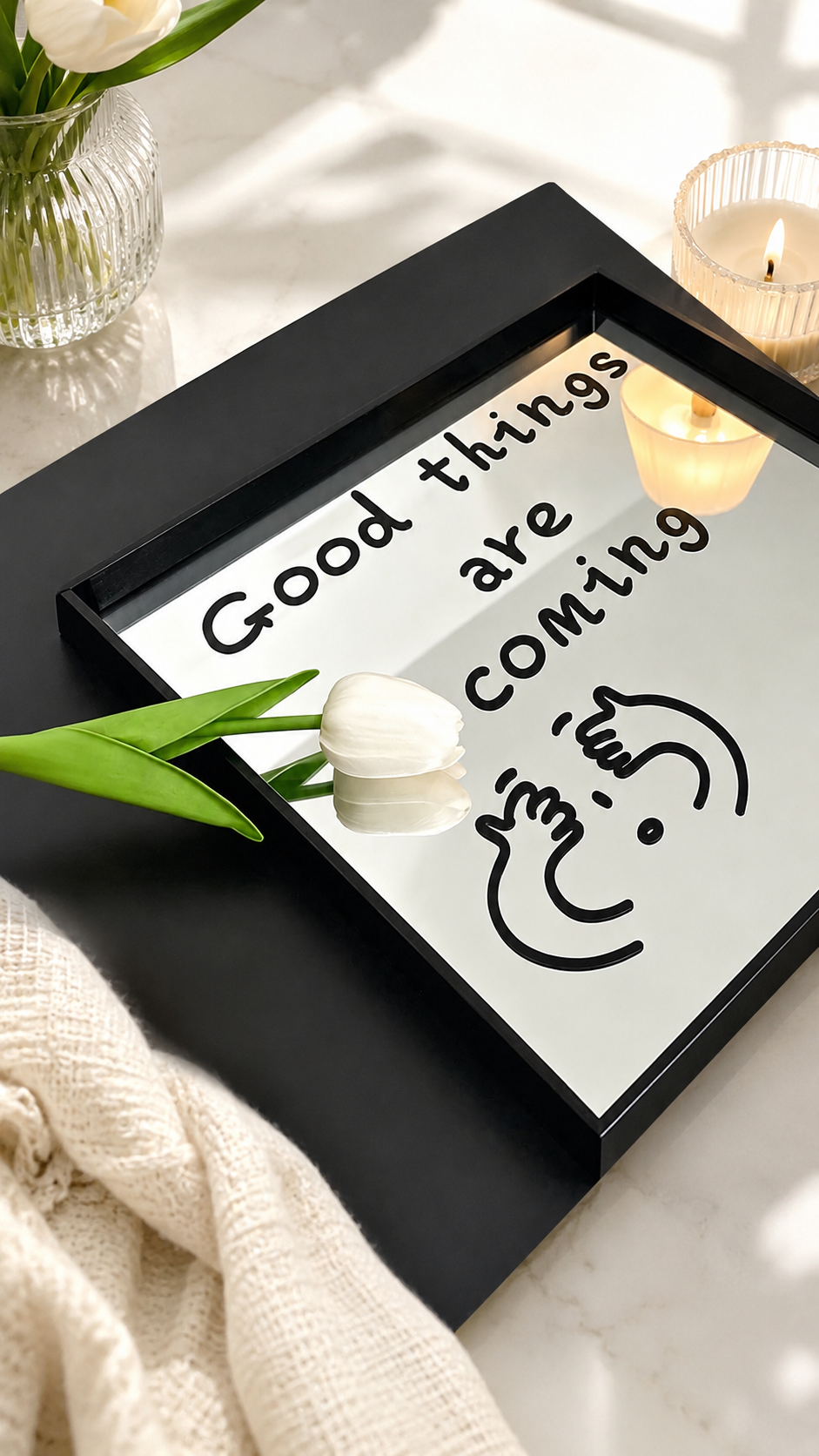 Good Things Are Coming Acrylic Mirror Wall Art, Black Framed Motivational Quote Decor