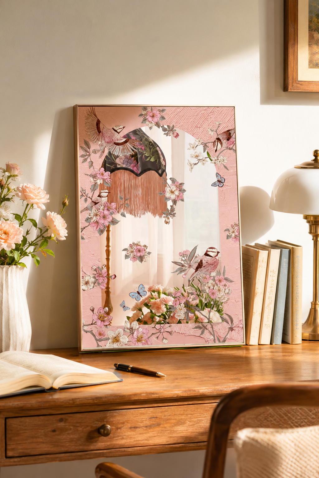 French Floral Bird Acrylic Mirror Wall Art | Pink Botanical Mirror Decor
