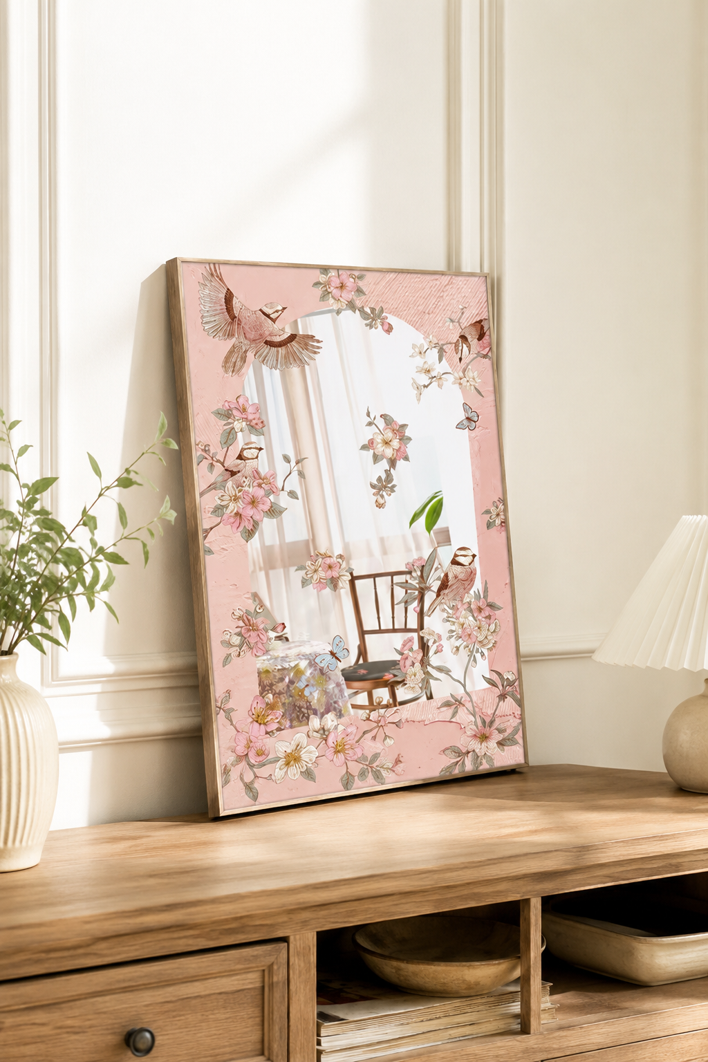French Floral Bird Acrylic Mirror Wall Art | Pink Botanical Mirror Decor