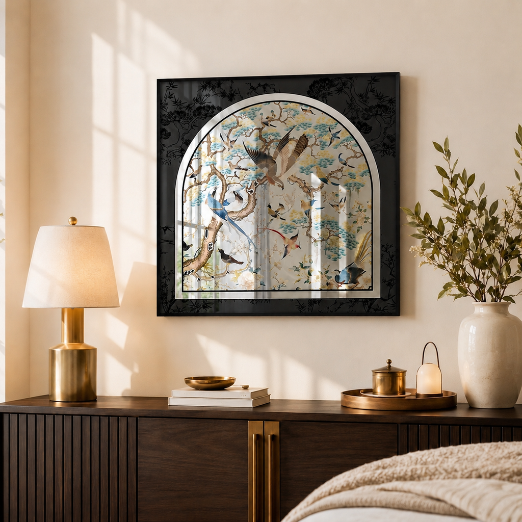 Chinoiserie Arched Acrylic Mirror Wall Art | Bird & Botanical Decor