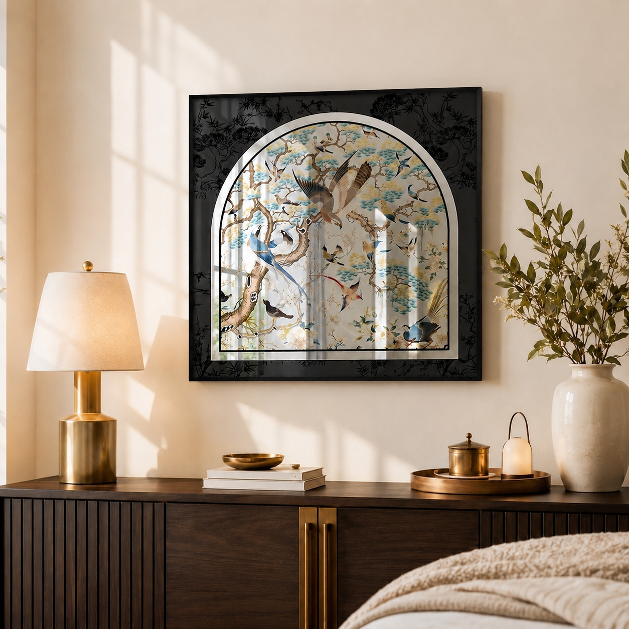 Chinoiserie Arched Acrylic Mirror Wall Art | Bird & Botanical Decor