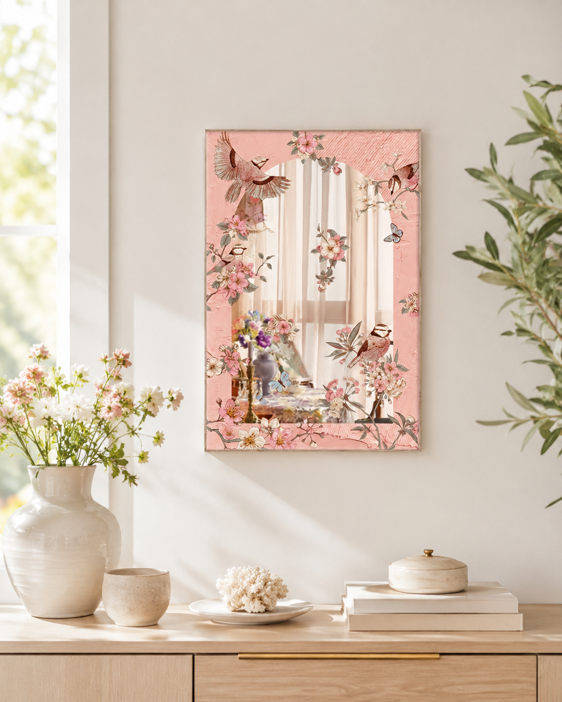 French Floral Bird Acrylic Mirror Wall Art | Pink Botanical Mirror Decor