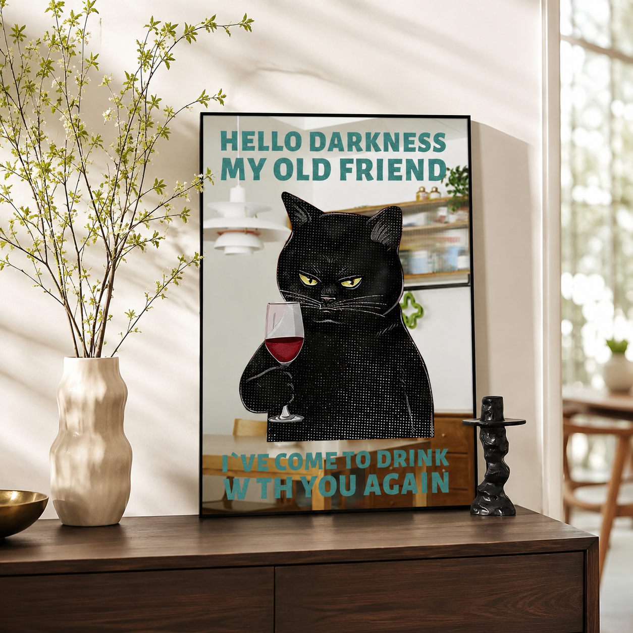 Funny Black Cat Acrylic Mirror Wall Art, Framed Quote Decor for Living Room, Kitchen & Coffee Bar