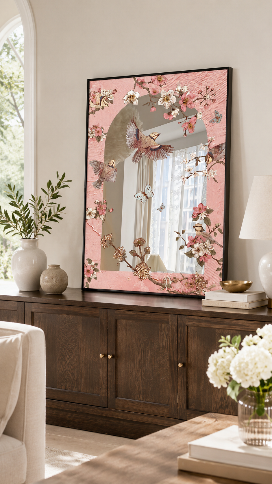 French Floral Bird Acrylic Mirror Wall Art | Pink Botanical Mirror Decor