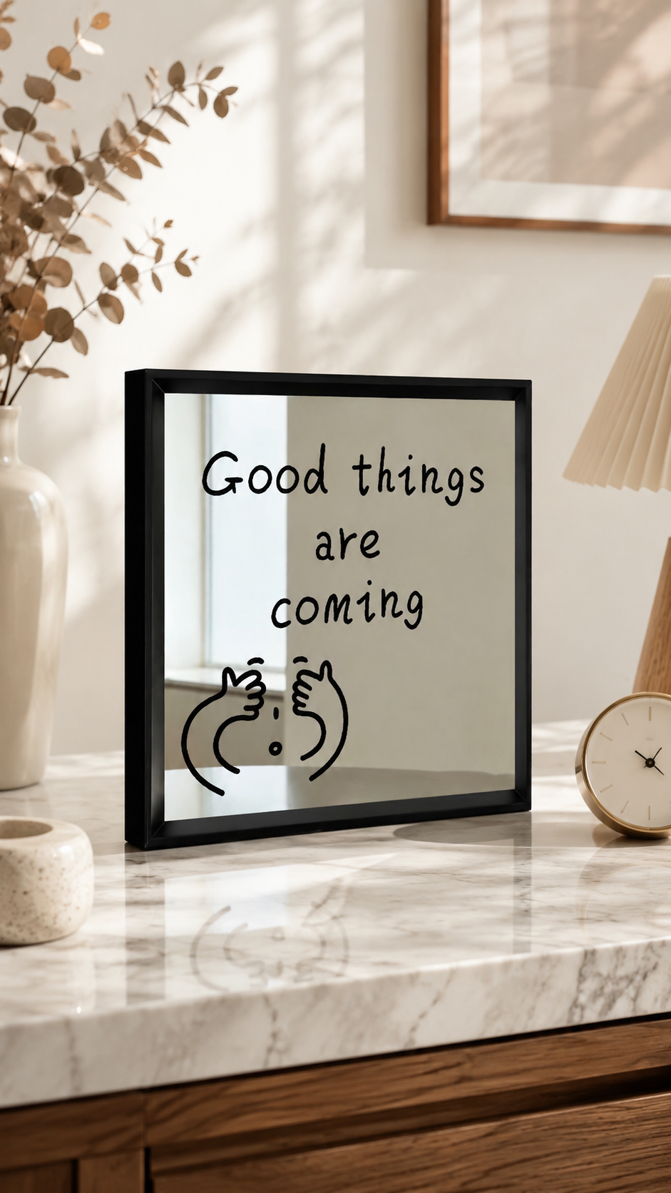 Good Things Are Coming Acrylic Mirror Wall Art, Black Framed Motivational Quote Decor