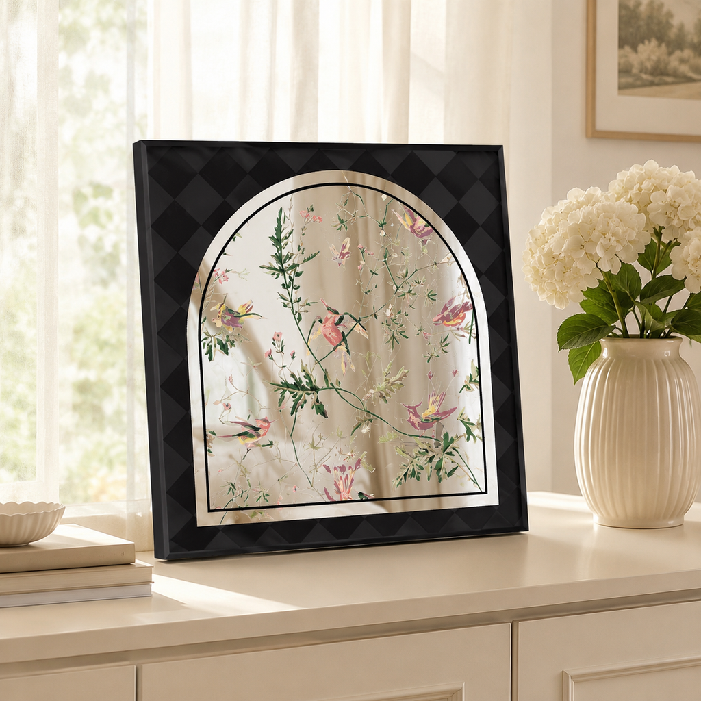 Chinoiserie Arched Acrylic Mirror Wall Art | Bird & Botanical Decor