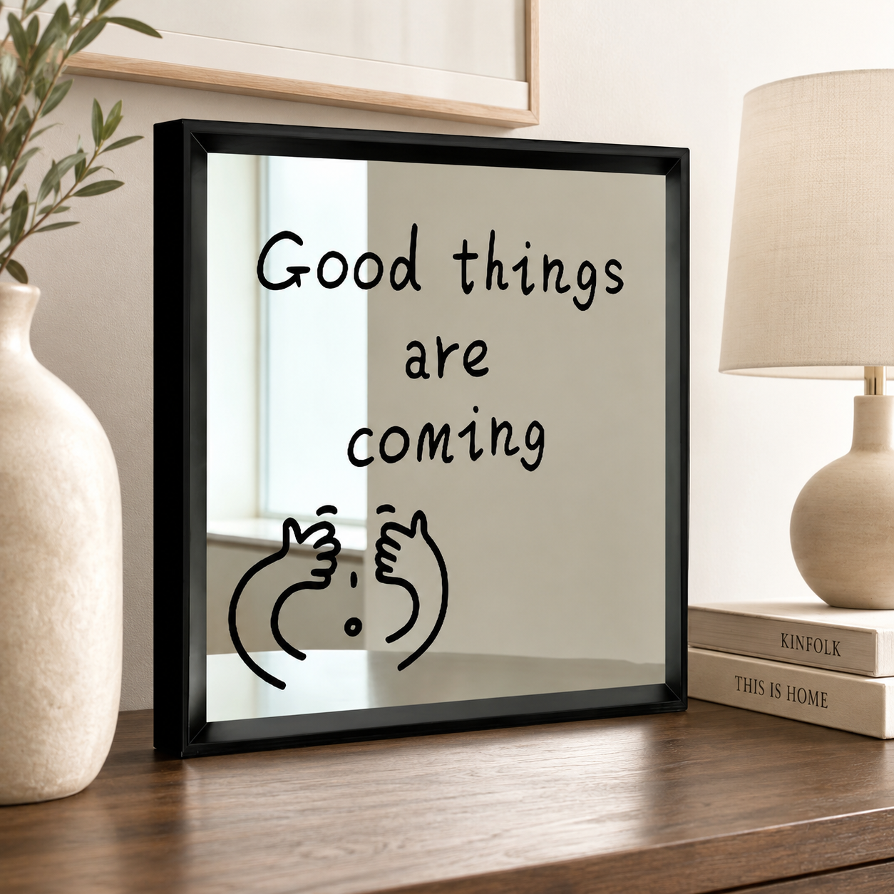 Good Things Are Coming Acrylic Mirror Wall Art, Black Framed Motivational Quote Decor