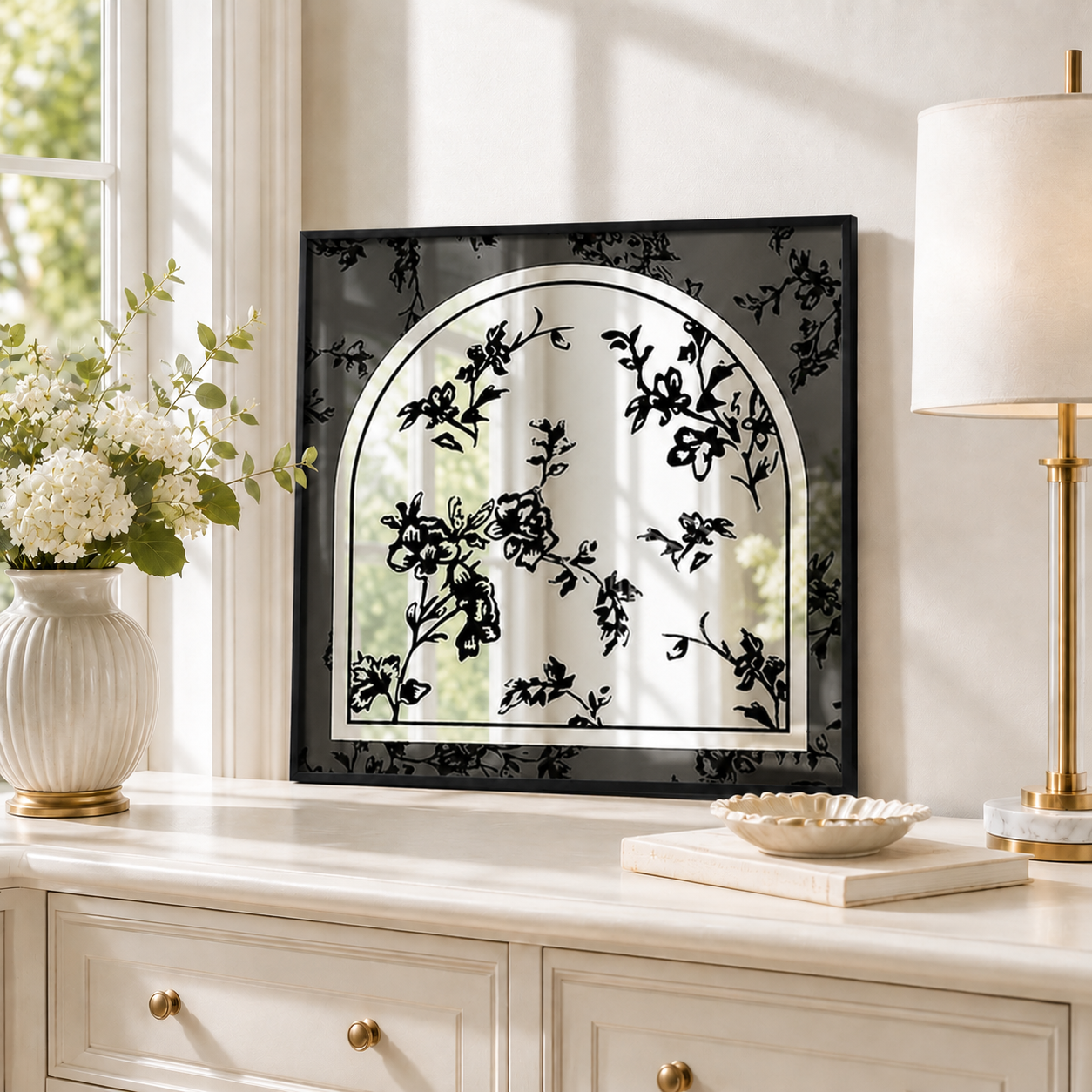 Chinoiserie Arched Acrylic Mirror Wall Art | Bird & Botanical Decor