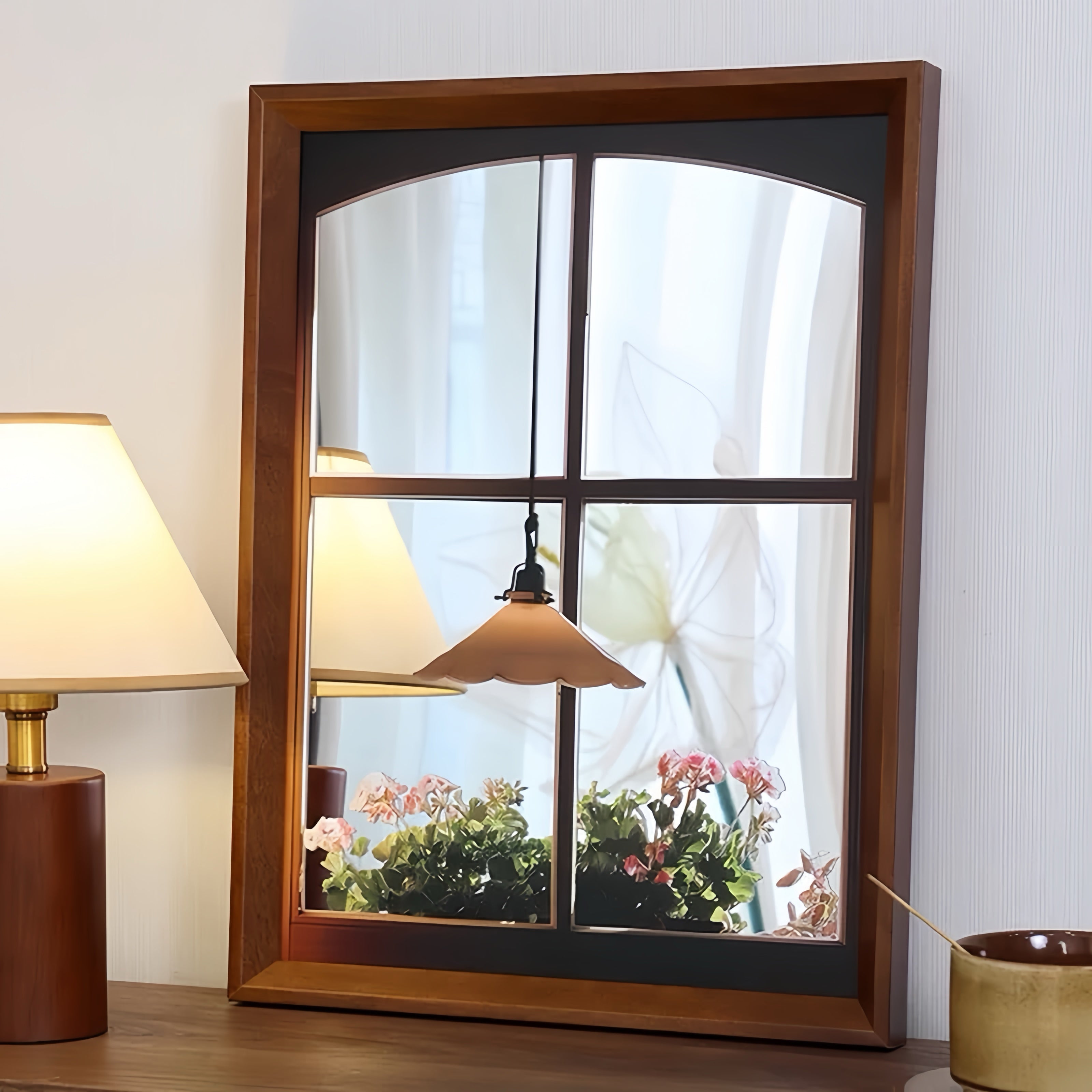 Vintage Window Acrylic Mirror Wall Art, Framed Floral Window Decor for Living Room & Entryway