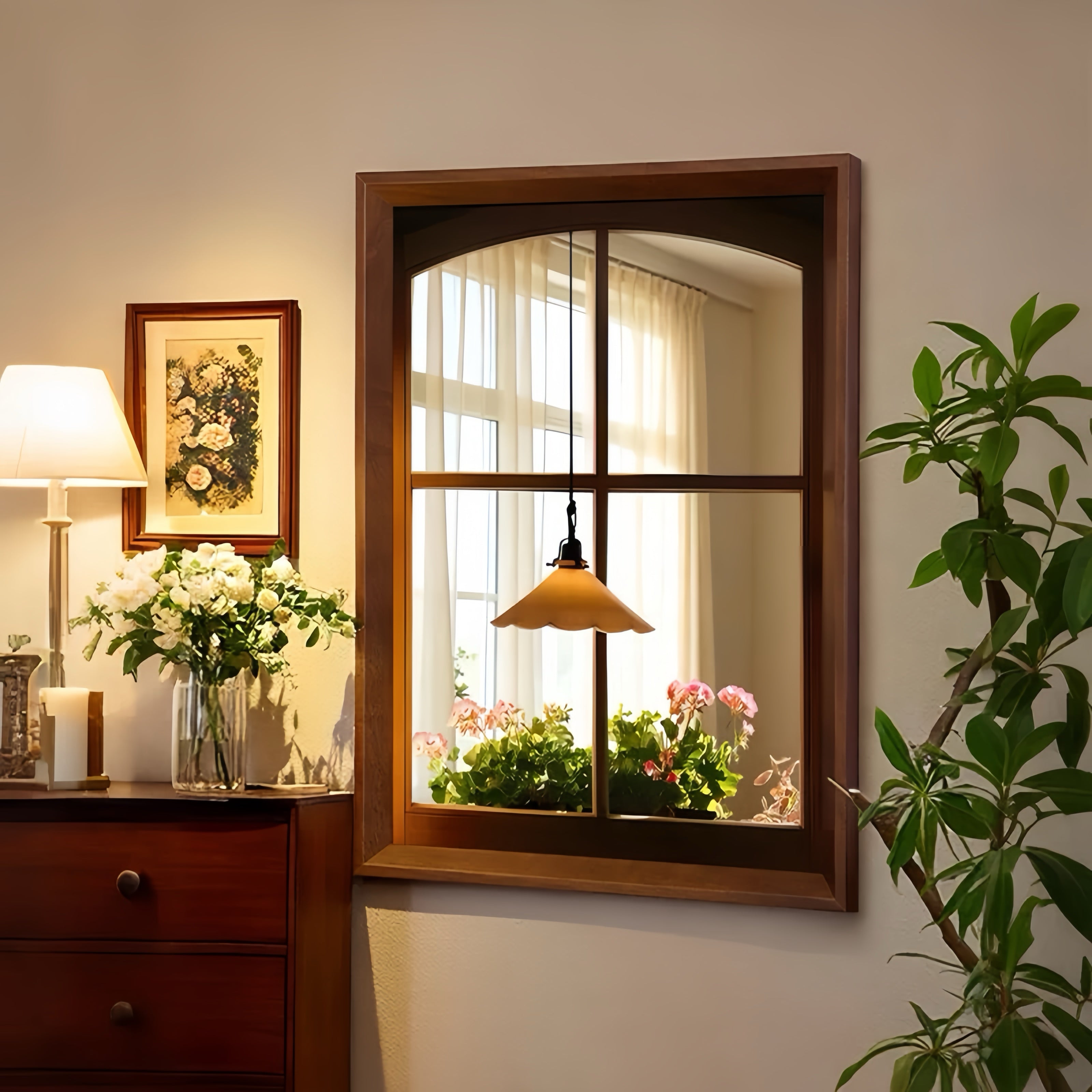 Vintage Window Acrylic Mirror Wall Art, Framed Floral Window Decor for Living Room & Entryway