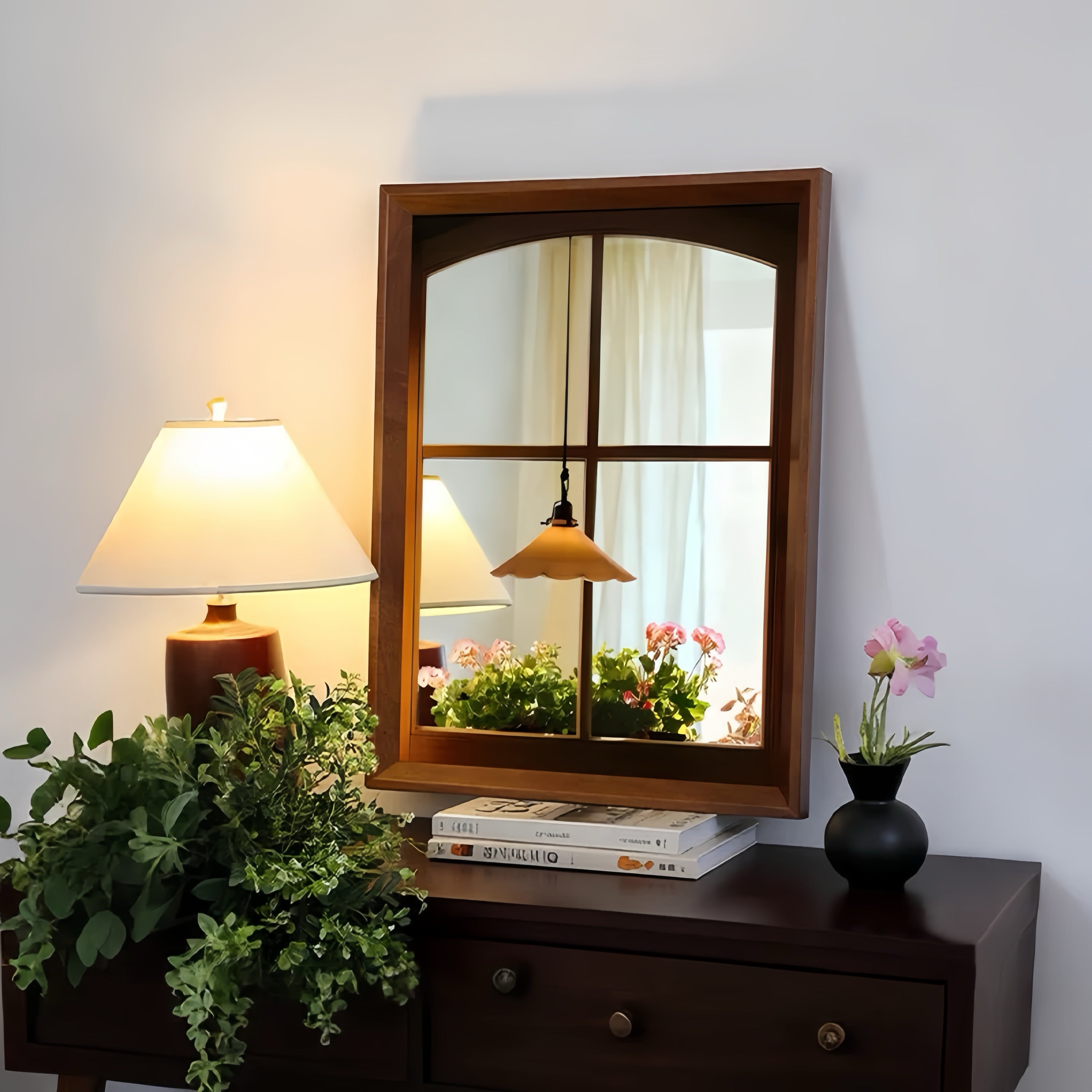 Vintage Window Acrylic Mirror Wall Art, Framed Floral Window Decor for Living Room & Entryway