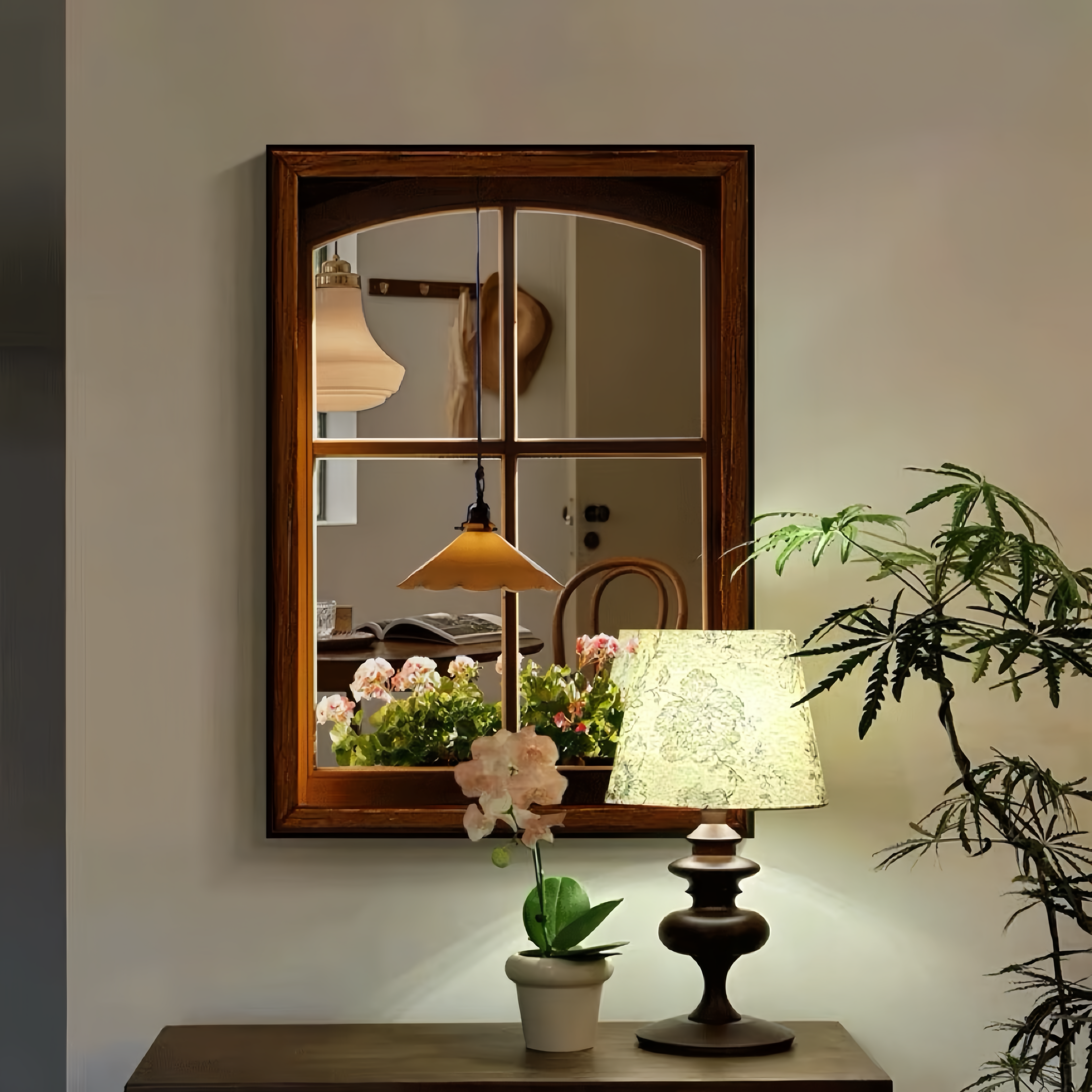 Vintage Window Acrylic Mirror Wall Art, Framed Floral Window Decor for Living Room & Entryway