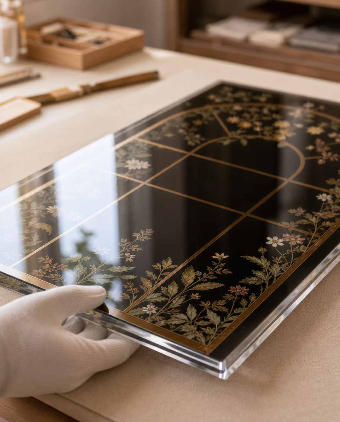 Glossy mirror acrylic artwork panel being inspected in a studio