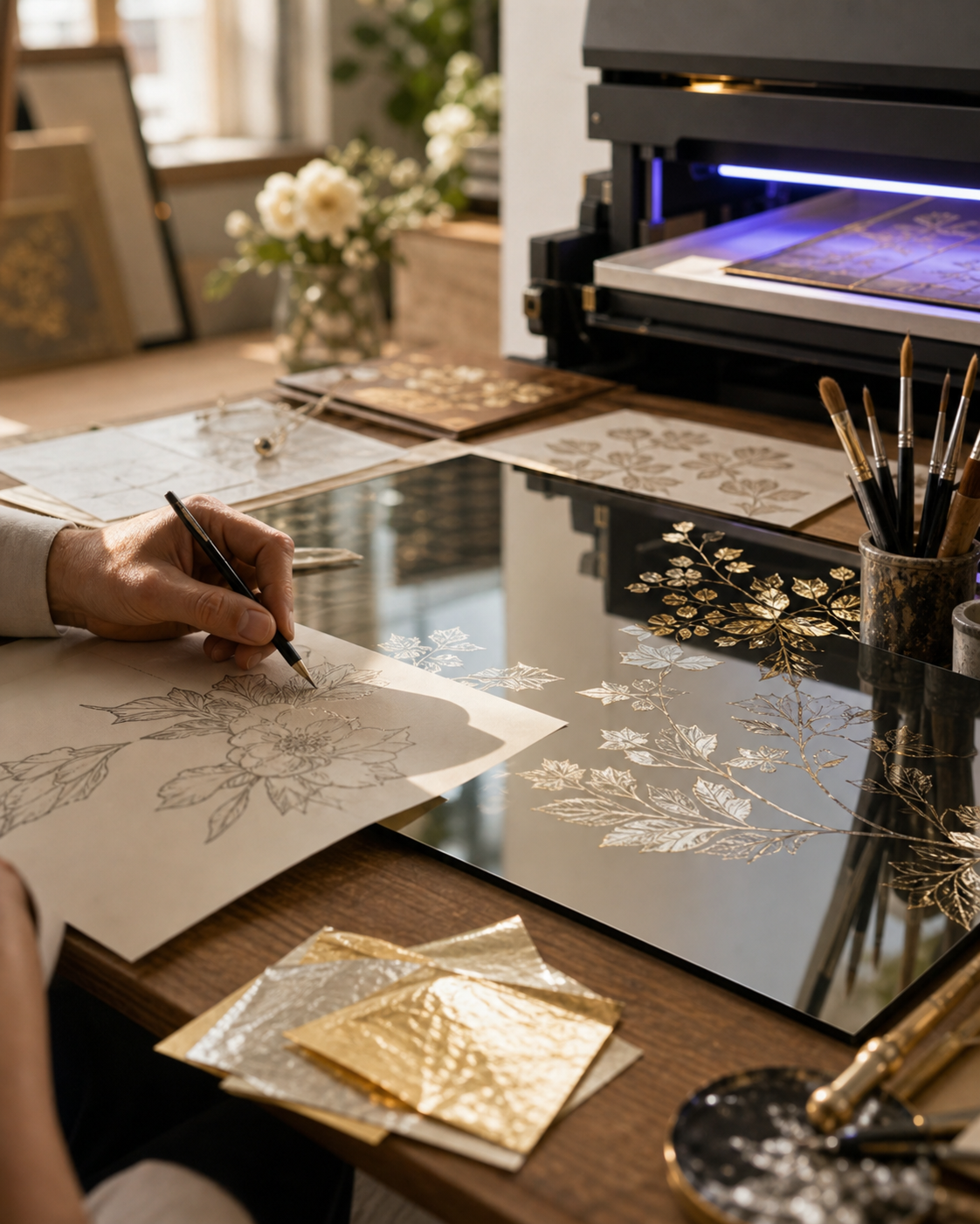 Artist working on decorative artwork before UV finishing