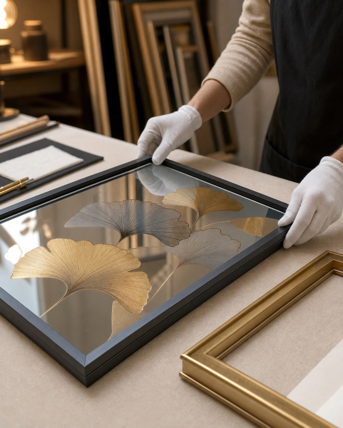 Loria Home mirror-surface wall art receiving its finished frame
