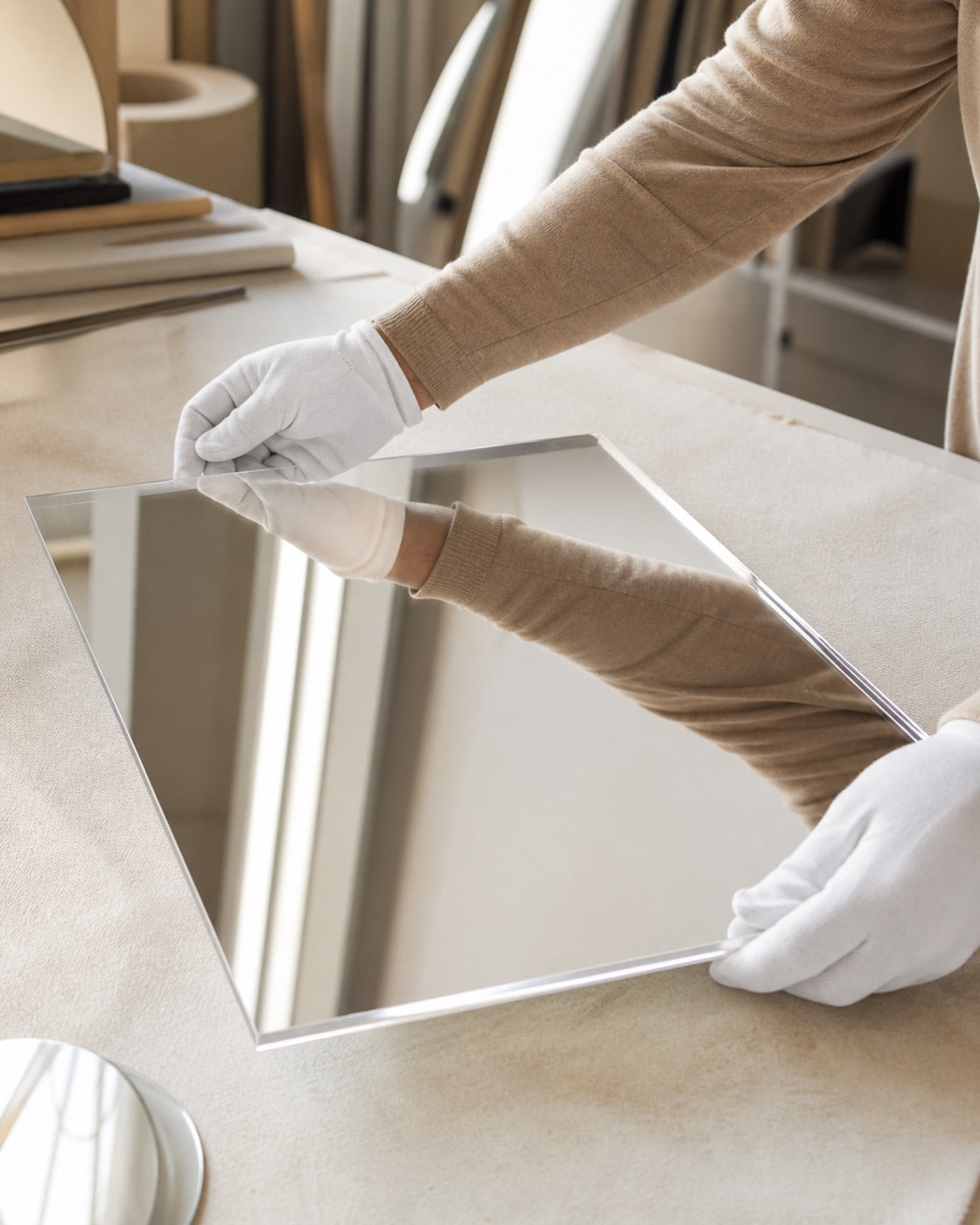 Loria Home mirror-surface acrylic panel being inspected