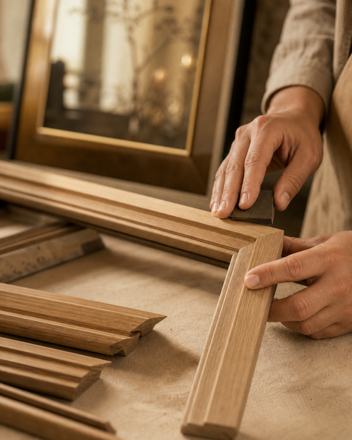 Natural wood frame being finished by hand in a workshop