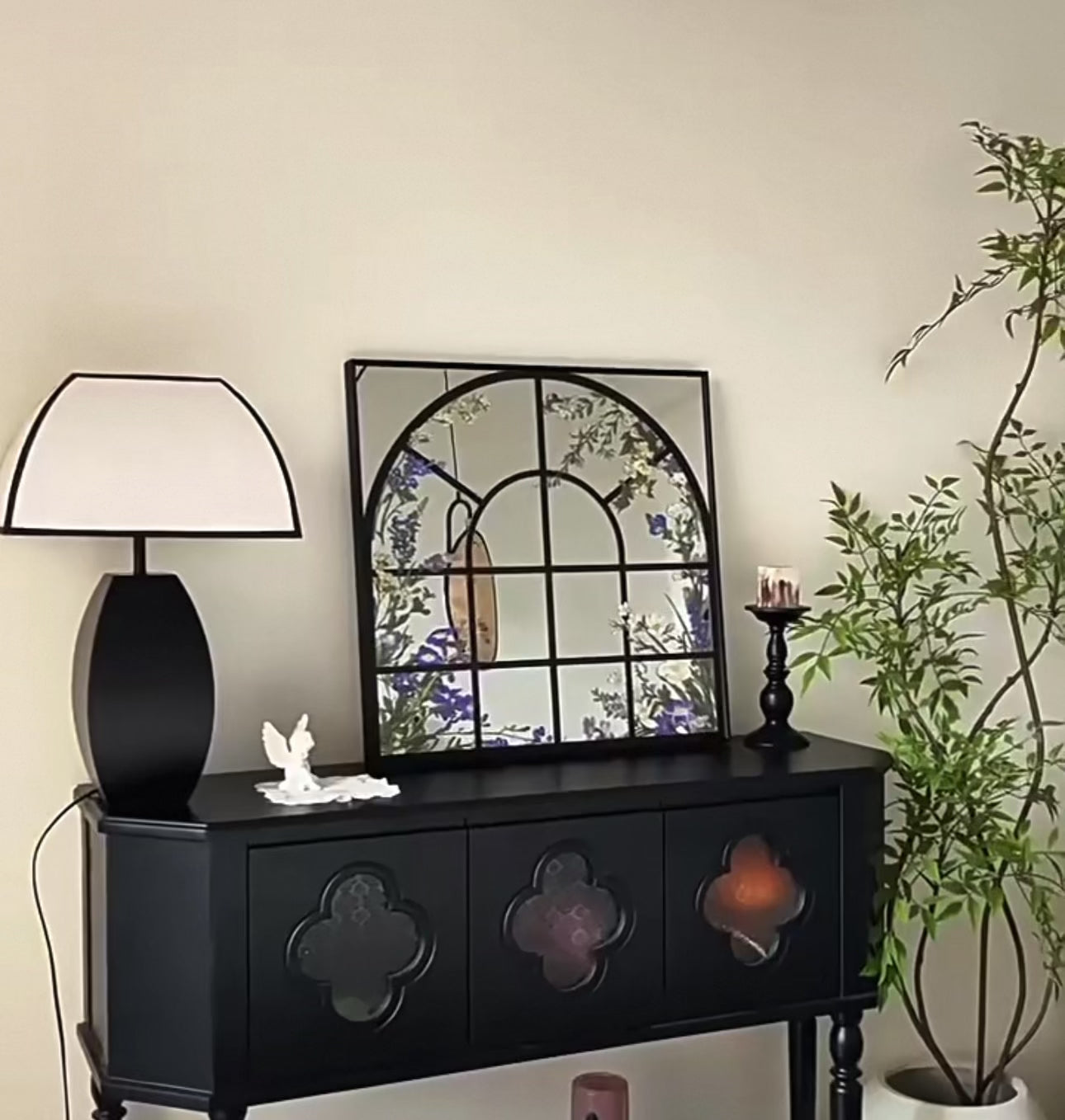 Arched Floral Window Acrylic Mirror Wall Art, Black Framed Botanical Mirror Decor for Living Room & Bedroom